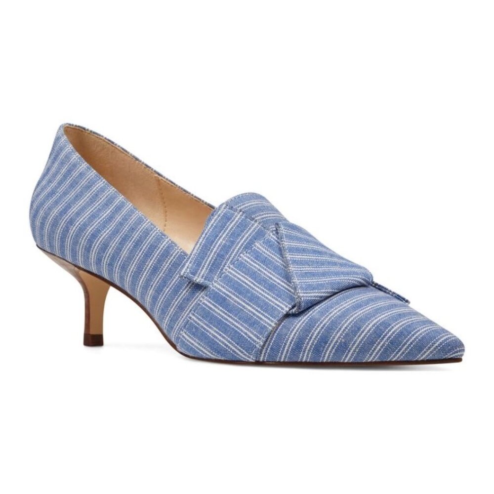 NWT NINE WEST Womens' Blue & White Pinstripe Pointed Toe Kitten Heels Sz 5.5